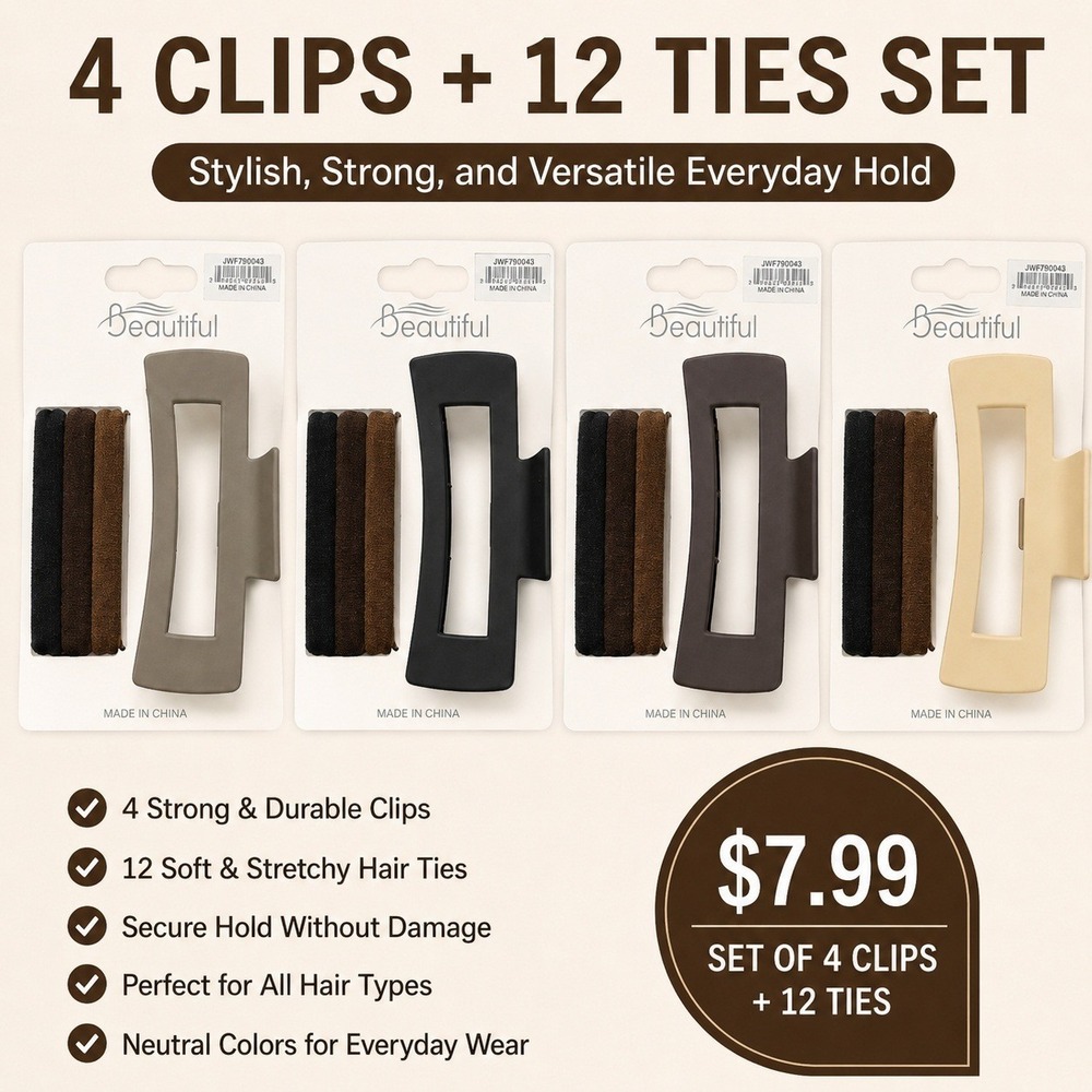 Beautiful 16pc Hair Accessory Set 4 Matte Neutral Claw Clips 12 Elastic Ties NEW